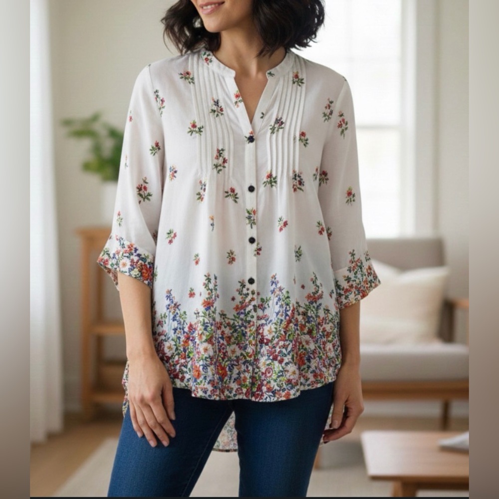 The Vermont Country L Store Womens Floral Button Down Shirt Tunic Medium Ivory